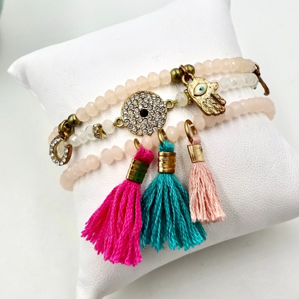 CRYSTAL BEAD TASSEL STRETCH BRACELETS